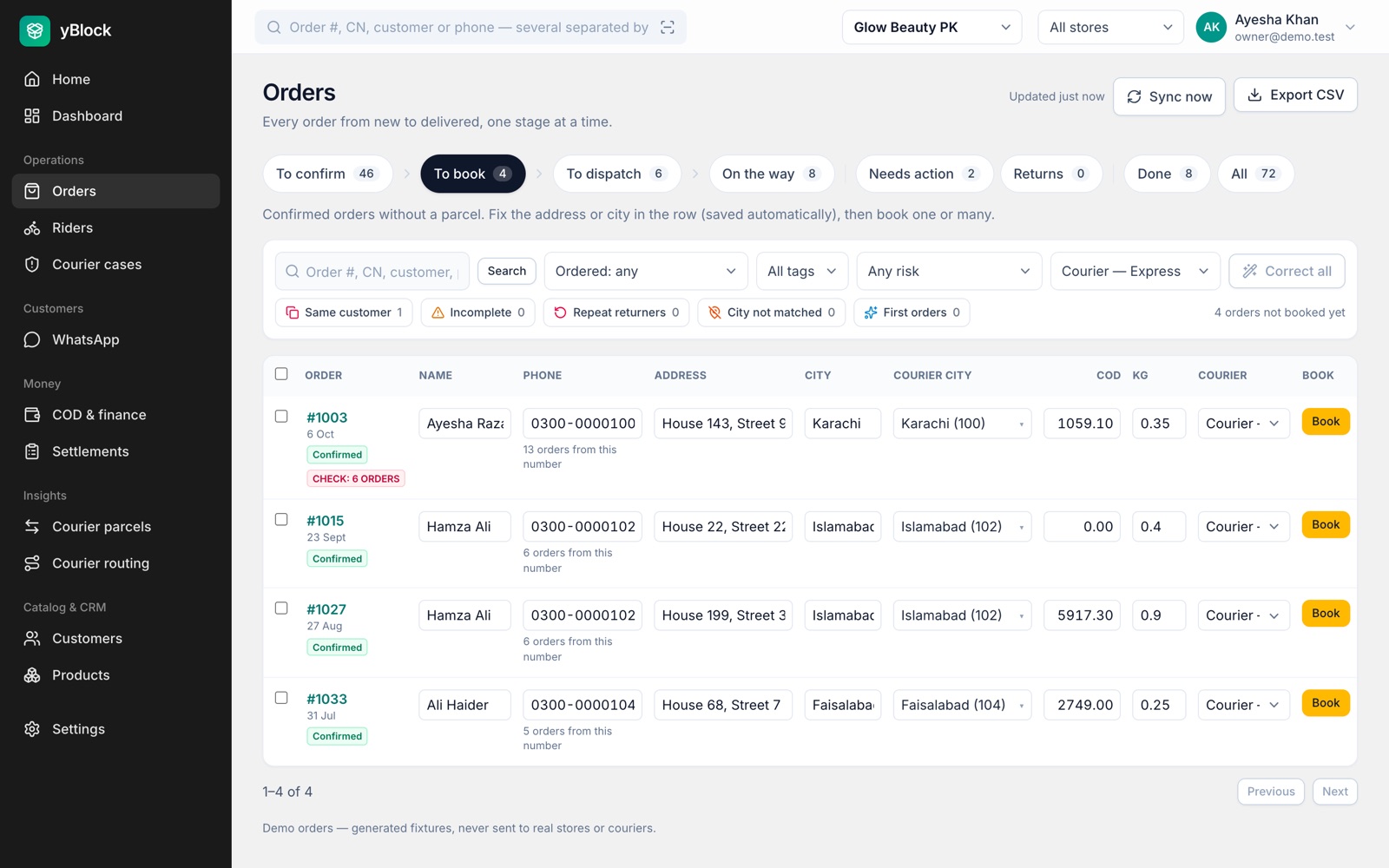 yBlock order pipeline: confirmed orders ready to book with the courier