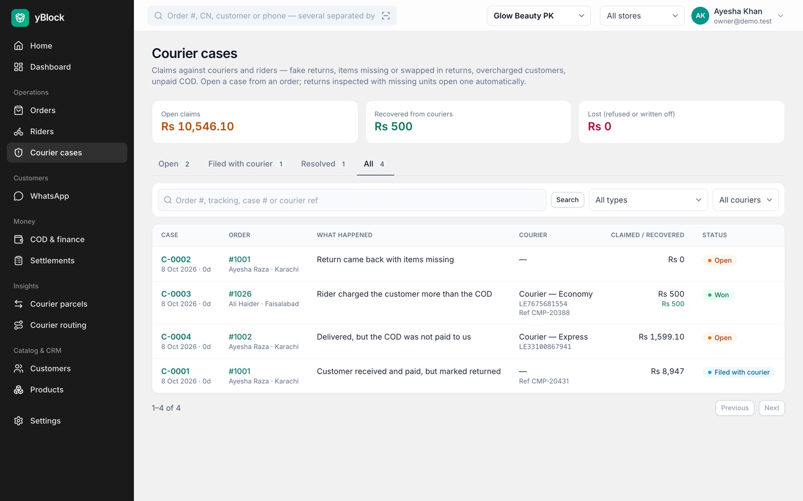 Courier cases with claimed and recovered amounts