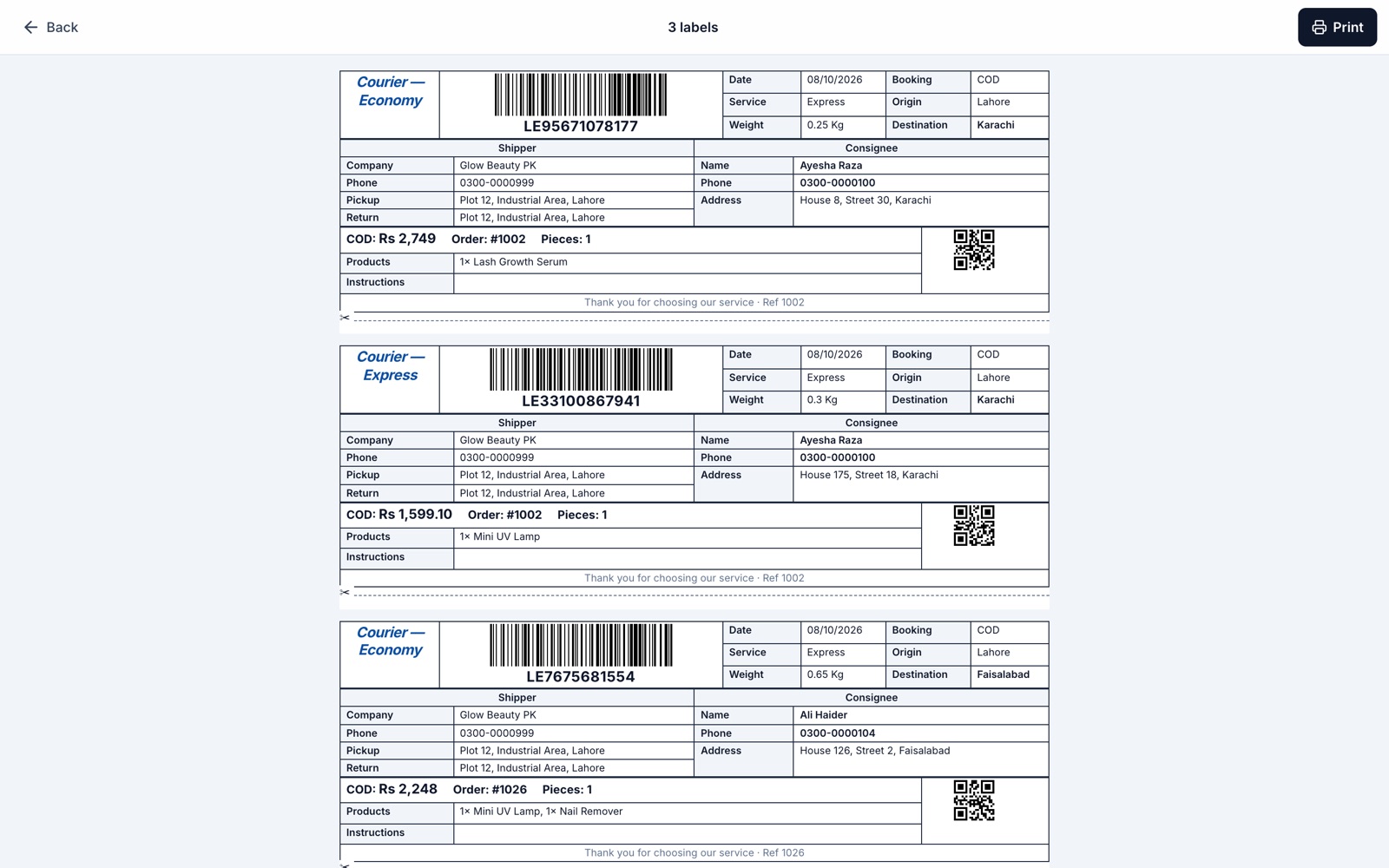 Shipping labels with barcodes, three per A4 page