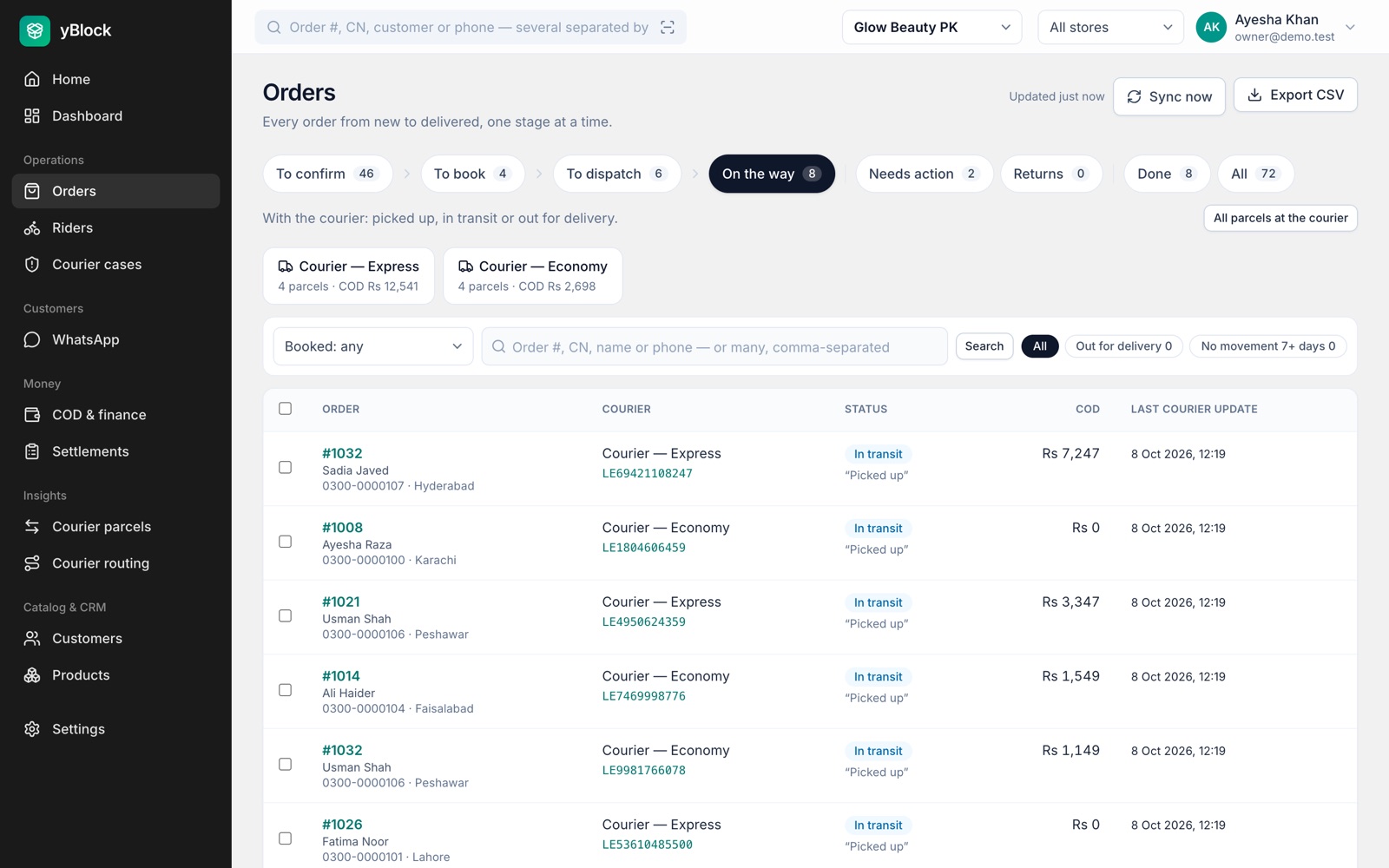 Parcels on the way with tracking status and stalled parcels flagged