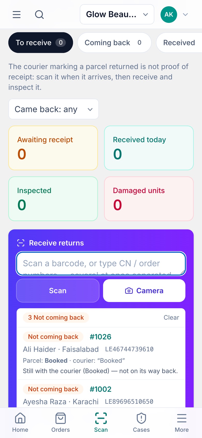 Scanning returns on a phone